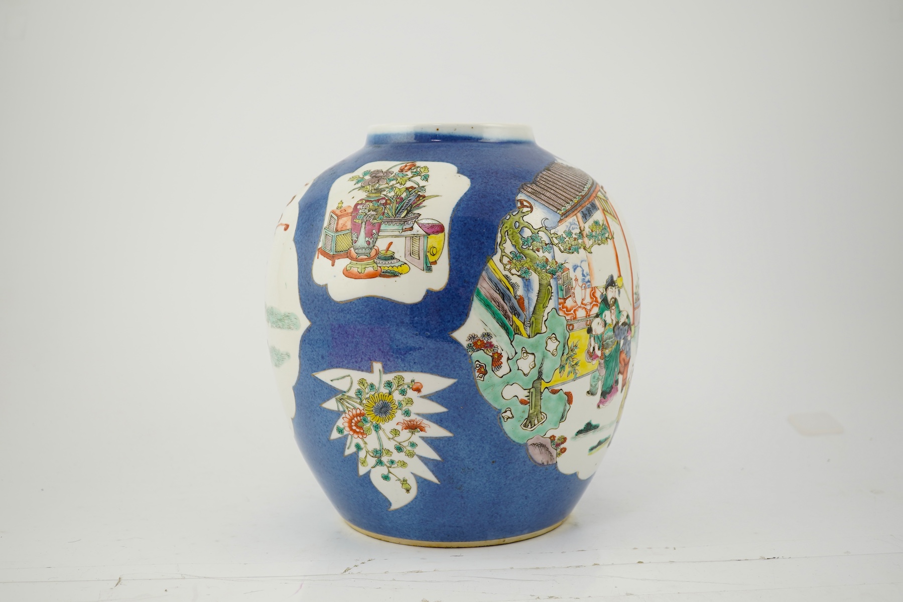 A large Chinese powder blue ground famille rose jar, late 19th century